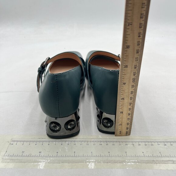 YDN Teal Pumps Elastic Mary Jane Studded Block Low Heel Square Toe Buckle Shoe - Picture 5 of 8